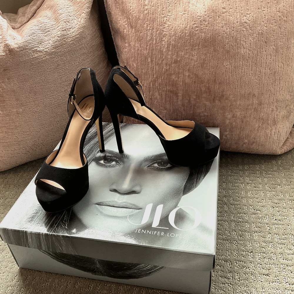 JLO Jennifer Lopez Black Suede Platform Heel Sandals